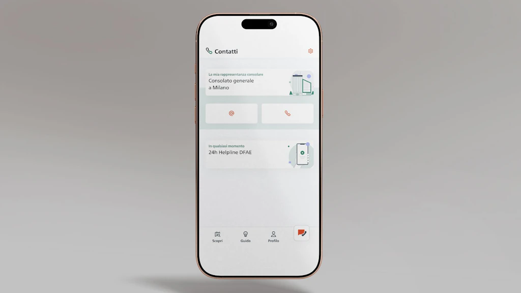 La figura mostra uno smartphone su cui è aperta la pagina «Contatti della rappresentanza» dell’app SwissInTouch.